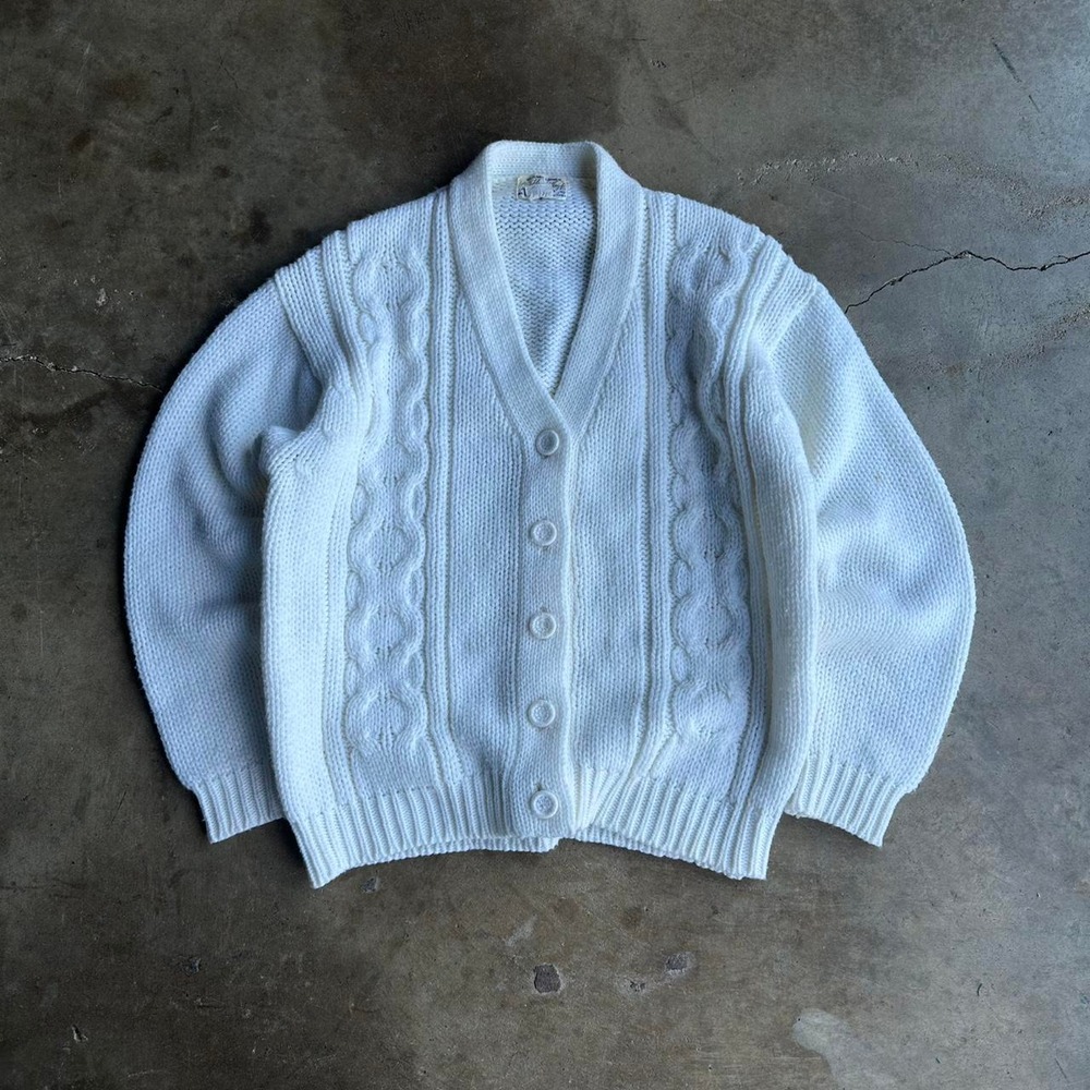 White vintage 70s knit cardigan sweater